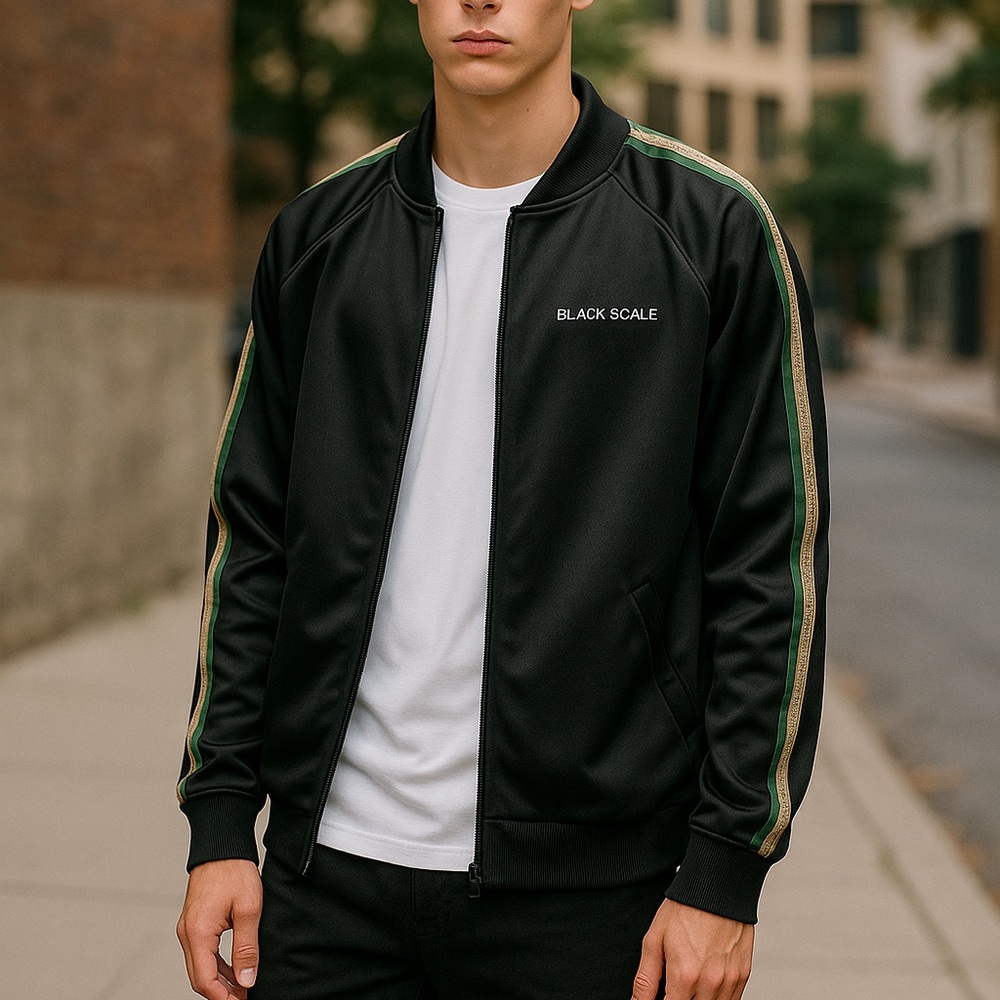 Black Scale Men's Black Bomber Jacket with Green Stripes NWT